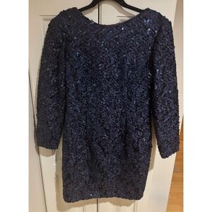 HW Collections Navy Blue Sequin Embellished Long‎ Sleeve Cocktail Dress Size 10
